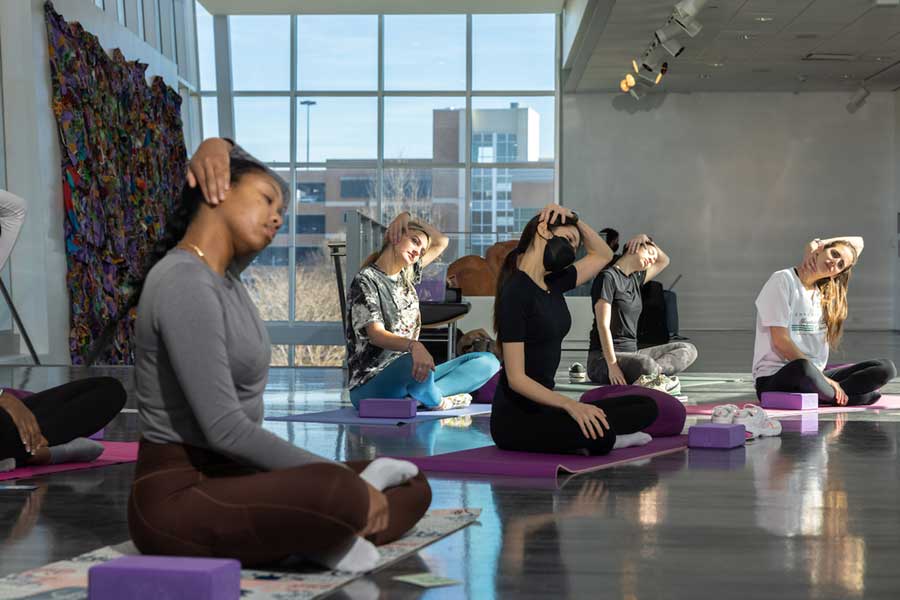 Guests on yoga mats in the Ruth V. Zuckerman Pavilion participating in mindfully driven yoga