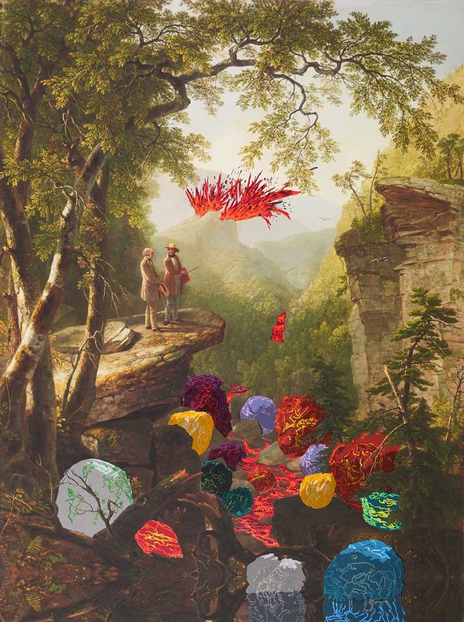 colorful print of two people standing in a picturesque landscape with colorful foil additions added ontop of the traditional landscape depiction