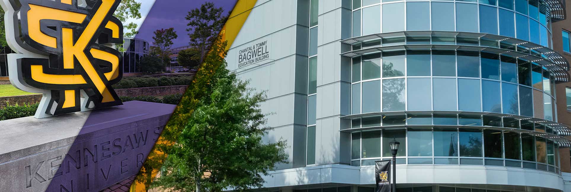 Photo of the Bagwell College of Education university building showcasing a sign for the University of Kennesaw State, with the KSU logo displayed.