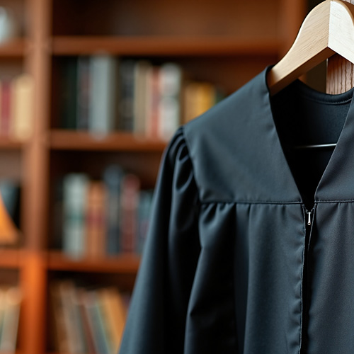 A black graduation gown hanging on a wooden hanger in front of a bookshelf, symbolizing academic achievement and higher education.