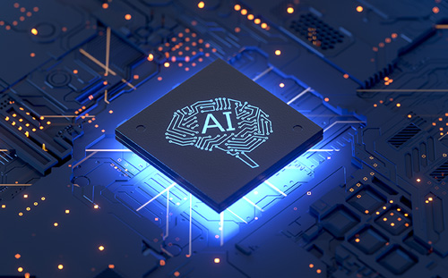 A glowing microchip with the letters "AI" and a brain-shaped circuit design, symbolizing artificial intelligence, embedded in a futuristic blue-toned circuit board.