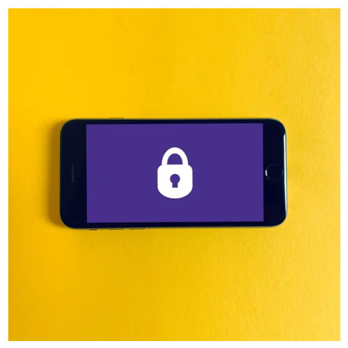 yellow background with iphone with purple back ground and a white lock icon on it