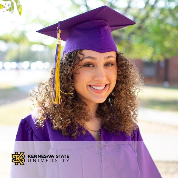 Savasae Laseter, a smiling graduate in a purple cap and gown, with the Kennesaw State University logo in the bottom left corner.
