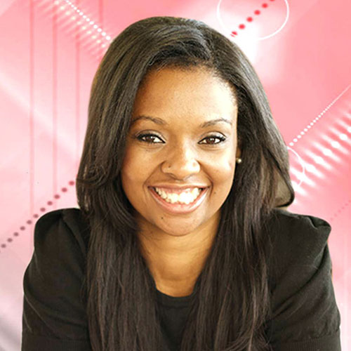 Nicole Hilton smiling over a light red background.