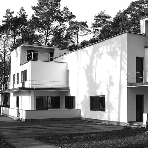 Professor Pinkau's building design in a white and black photograph.