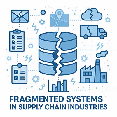 Illustration of fragmented supply chain systems with broken database, trucks, charts, factories, and documents. Blue color scheme conveys disruption.
