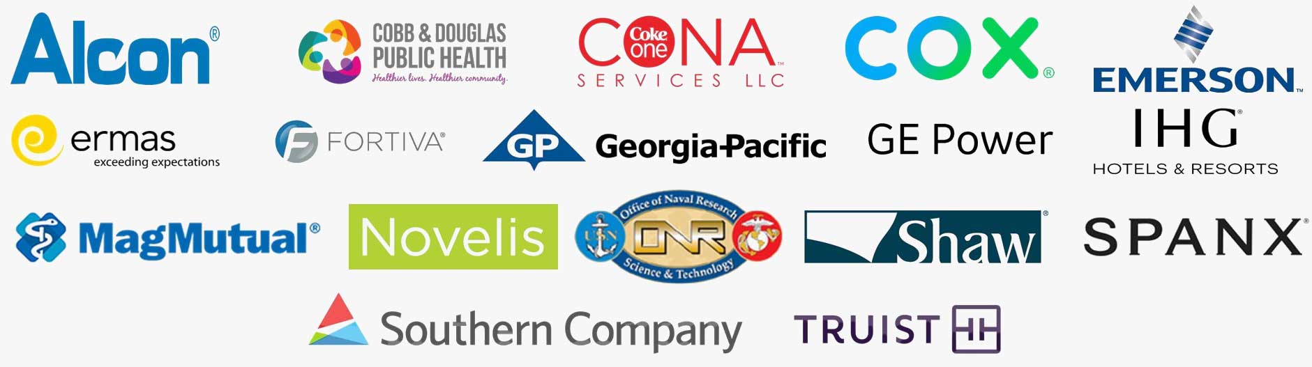 Past CDSA Partners logos include; Alcon, Cobb and Douglas Public Health, Cona Coke One Services, Emerson, Ermas, Fortiva, Georgia-Pacific, GE Power, IHG Hotels & Resorts, MagMutual, Novelis, Office of Navel Research, Shaw, Spanx, Southern Company, Truist.