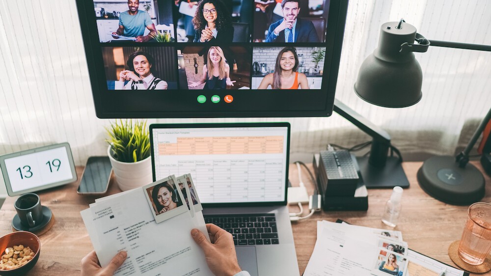 a work-from-home office comupter on a video chat