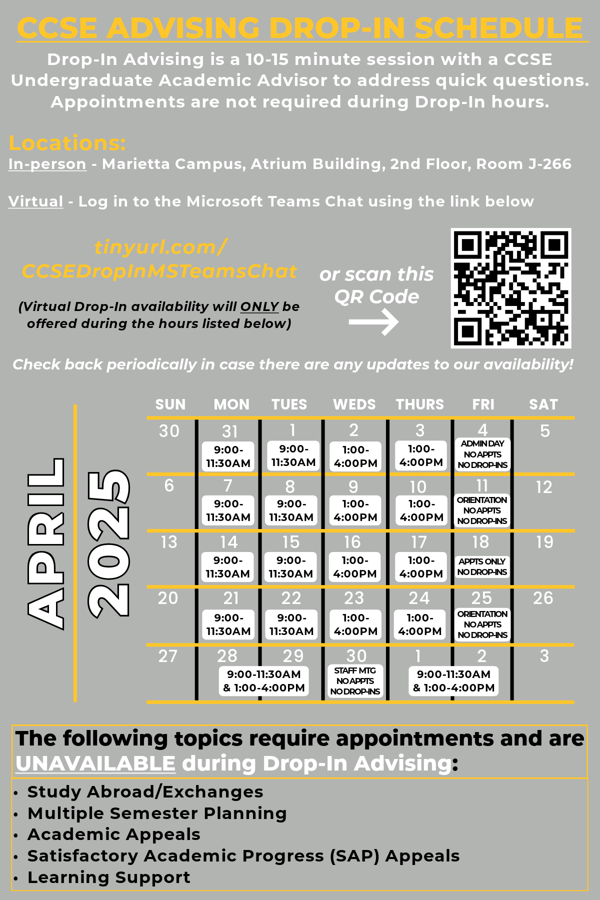 ccse undergrad advising drop-in calendar