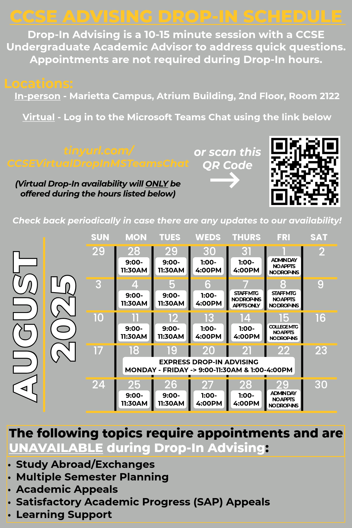 ccse undergrad advising drop-in calendar