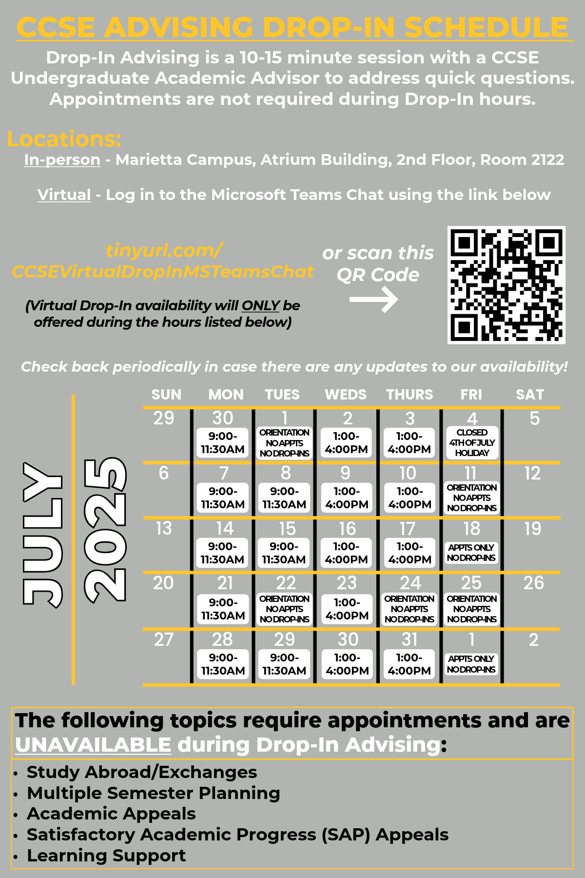 ccse undergrad advising drop-in calendar
