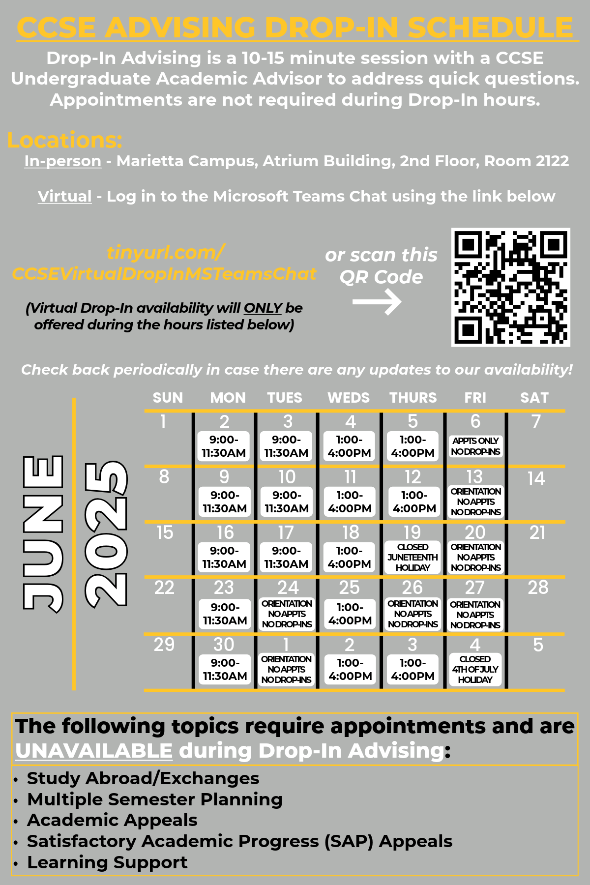 ccse undergrad advising drop-in calendar