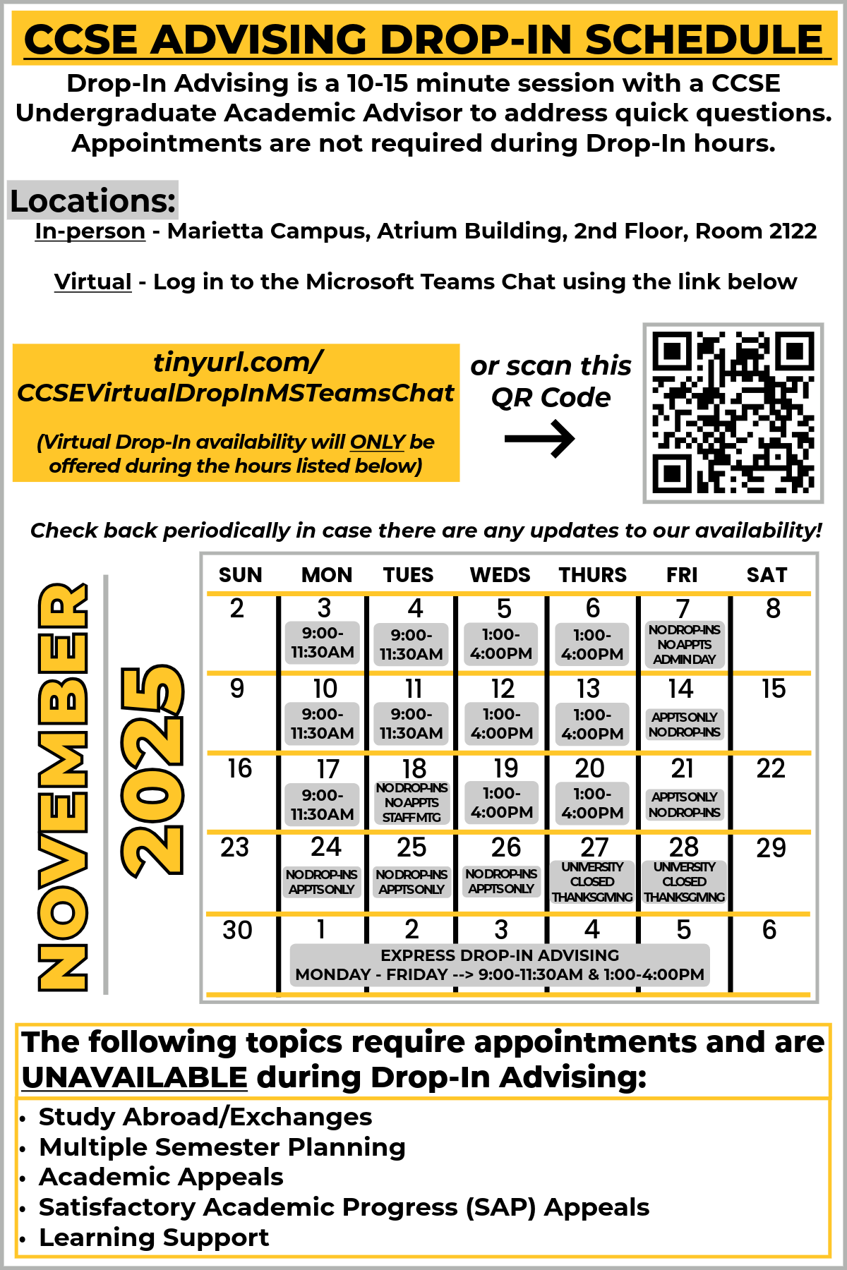 ccse undergrad advising drop-in calendar