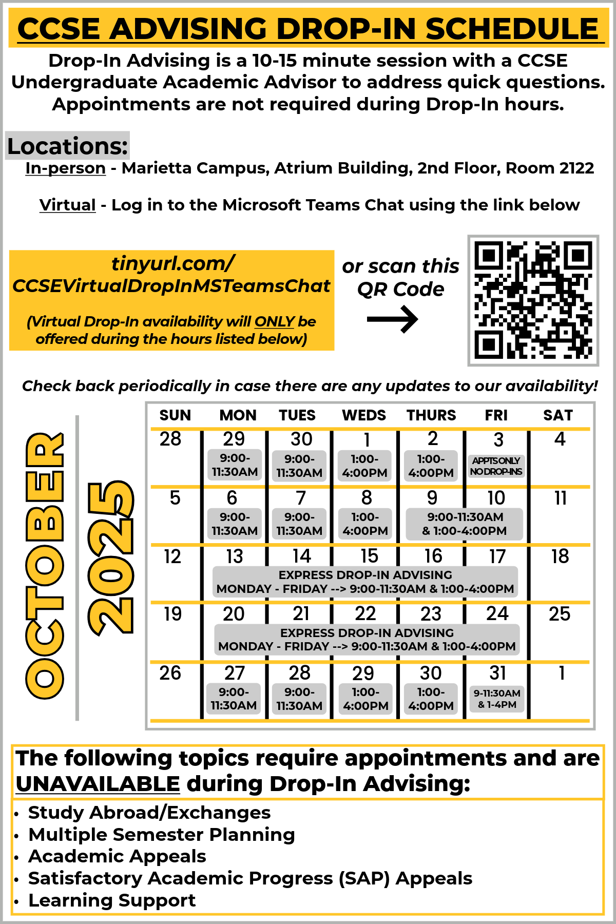 ccse undergrad advising drop-in calendar