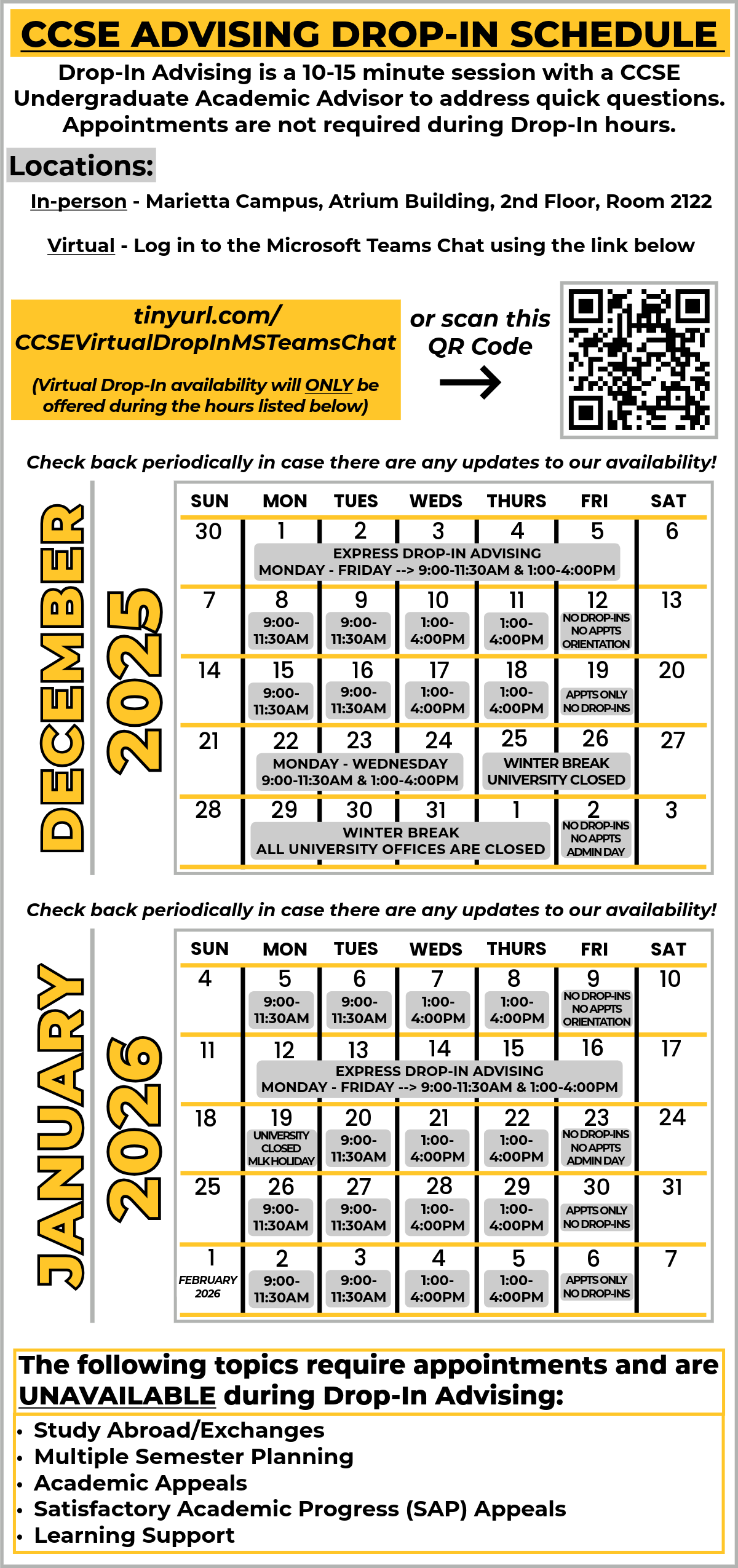 ccse undergrad advising drop-in calendar