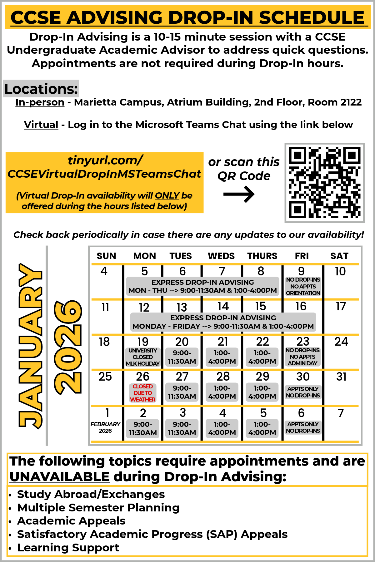 ccse undergrad advising drop-in calendar