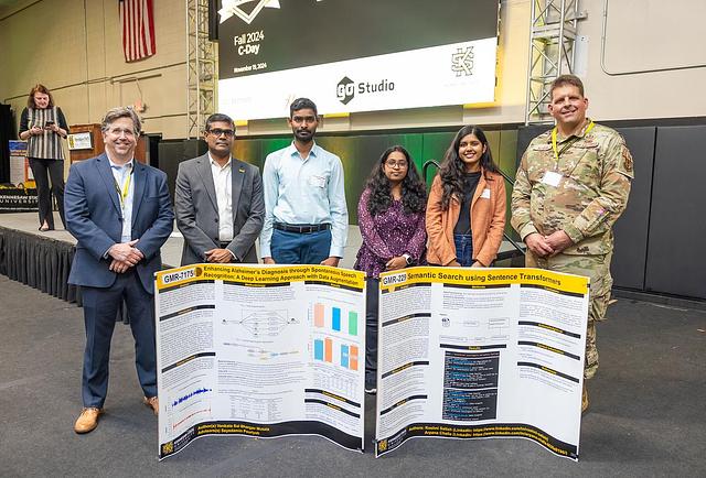 A picture of the second and third place winners for the Master's Research category. Second place is GMR-229 Semantic Search using Sentence Transformers by Roshni Satish and Arpana Challa. Third place is GMR-7175 Enhancing Alzheimer's Diagnosis through Spontaneous Speech Recognition: A Deep Learning Approach with Data Augmentation by Venkata Sai Bhargav Mutala.