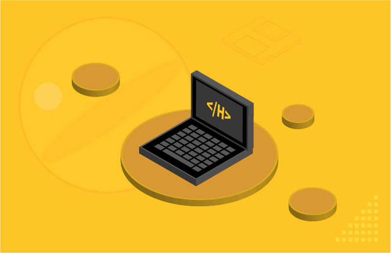 graphic of laptop computer with circles on yellow bvackground