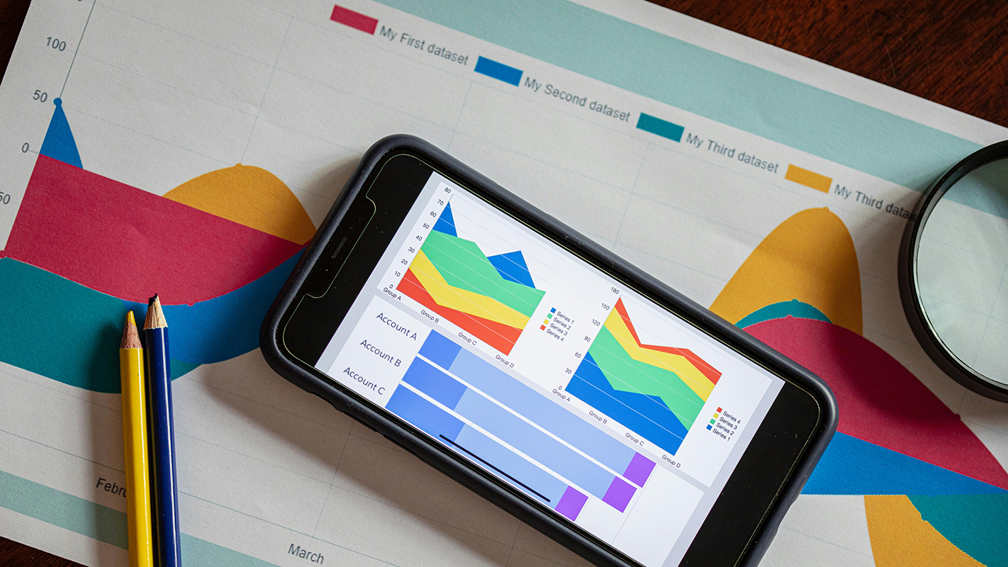 Data displays in graphs in print and on a mobile device.