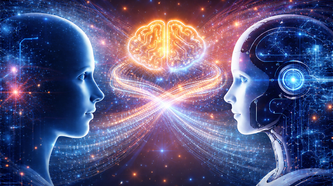two ai robots facing eachother with a brain in the center for connection