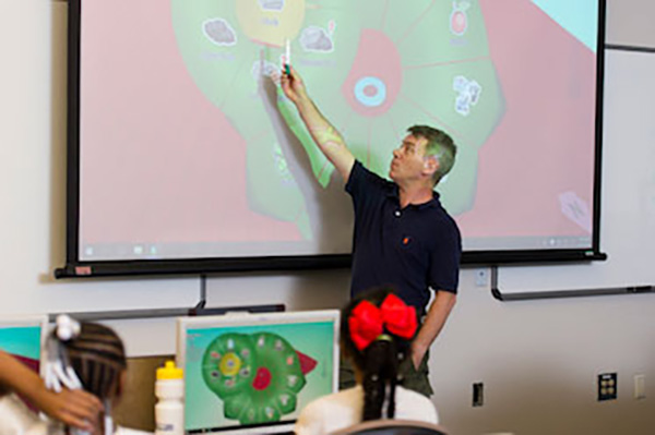 A teacher presenting with a display on gaming. 