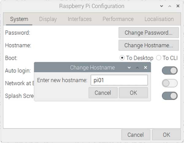 raspberry pi configuration window with change hostname box showing new hostname as pi01