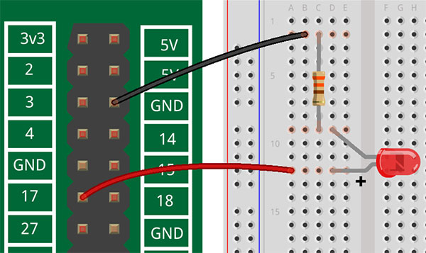 Image of GPIO Fritzing component with breadboard and LED