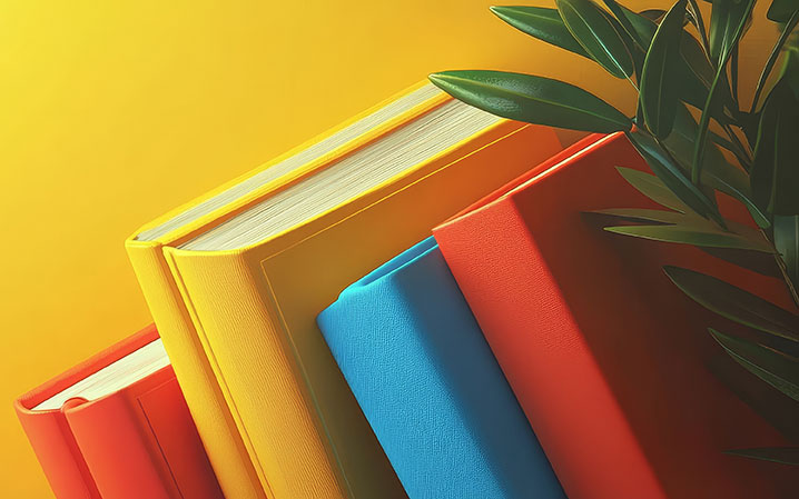 A close-up shot of a stack of brightly colored books tilted diagonally against a vibrant yellow background. From bottom left to top right, the visible spines are red, yellow, blue, and red.
