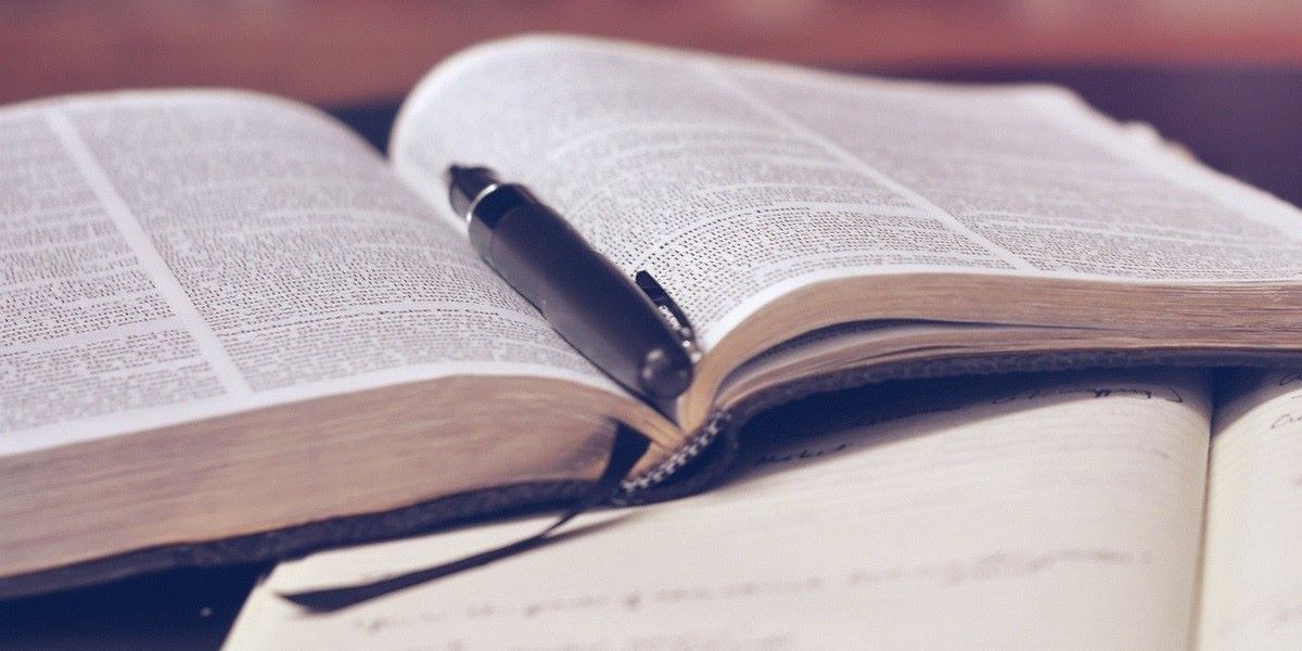 An open book with a pen in the middle