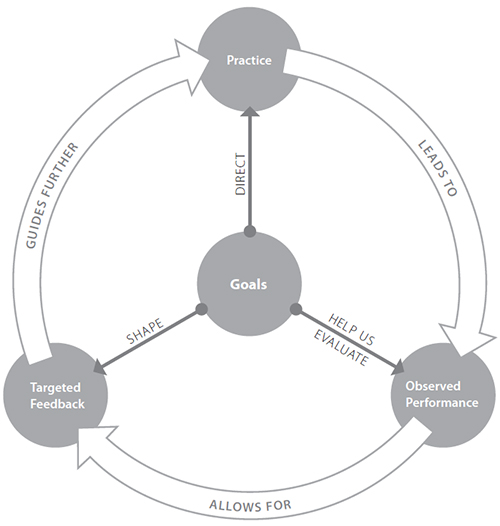 Circular diagram outlining goal achievement steps, focusing on the cycle of practice and feedback for improvement.