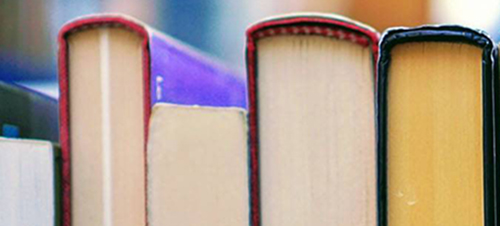 A row of various books neatly arranged on a wooden shelf, showcasing colorful spines and diverse titles.