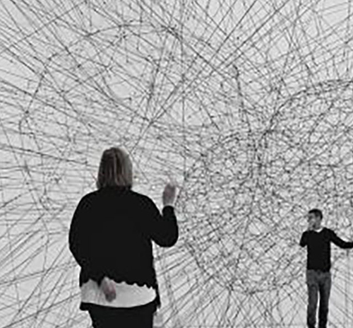 An individual stand before a large wire sculpture, symbolizing Knowledge Organization and Enhanced Learning.