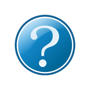 Blue question mark icon on a white button, representing a teaching FAQ section.