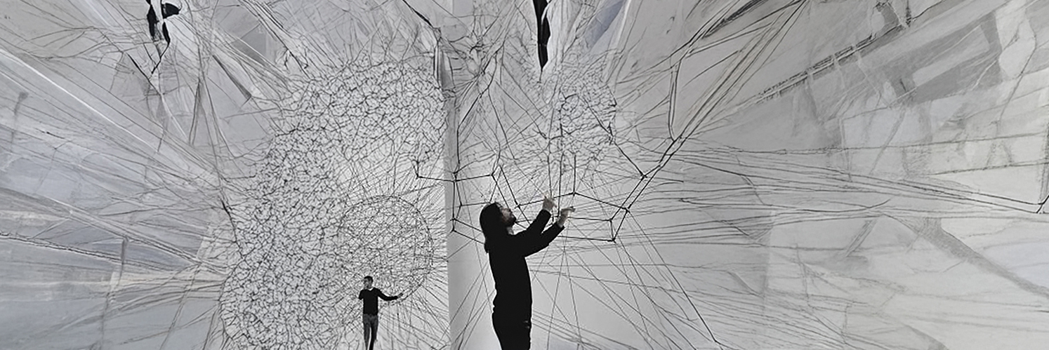 men in futuristic black and white setting