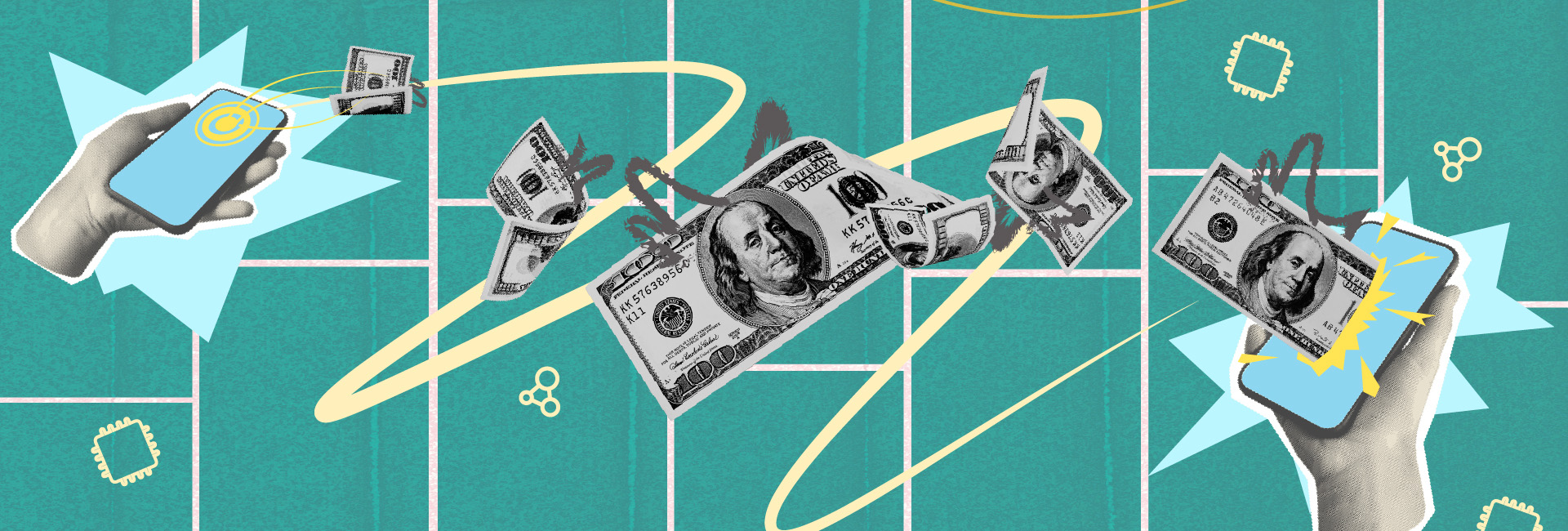 A graphic depicting the transfer of money from one cell phone to another cell phone