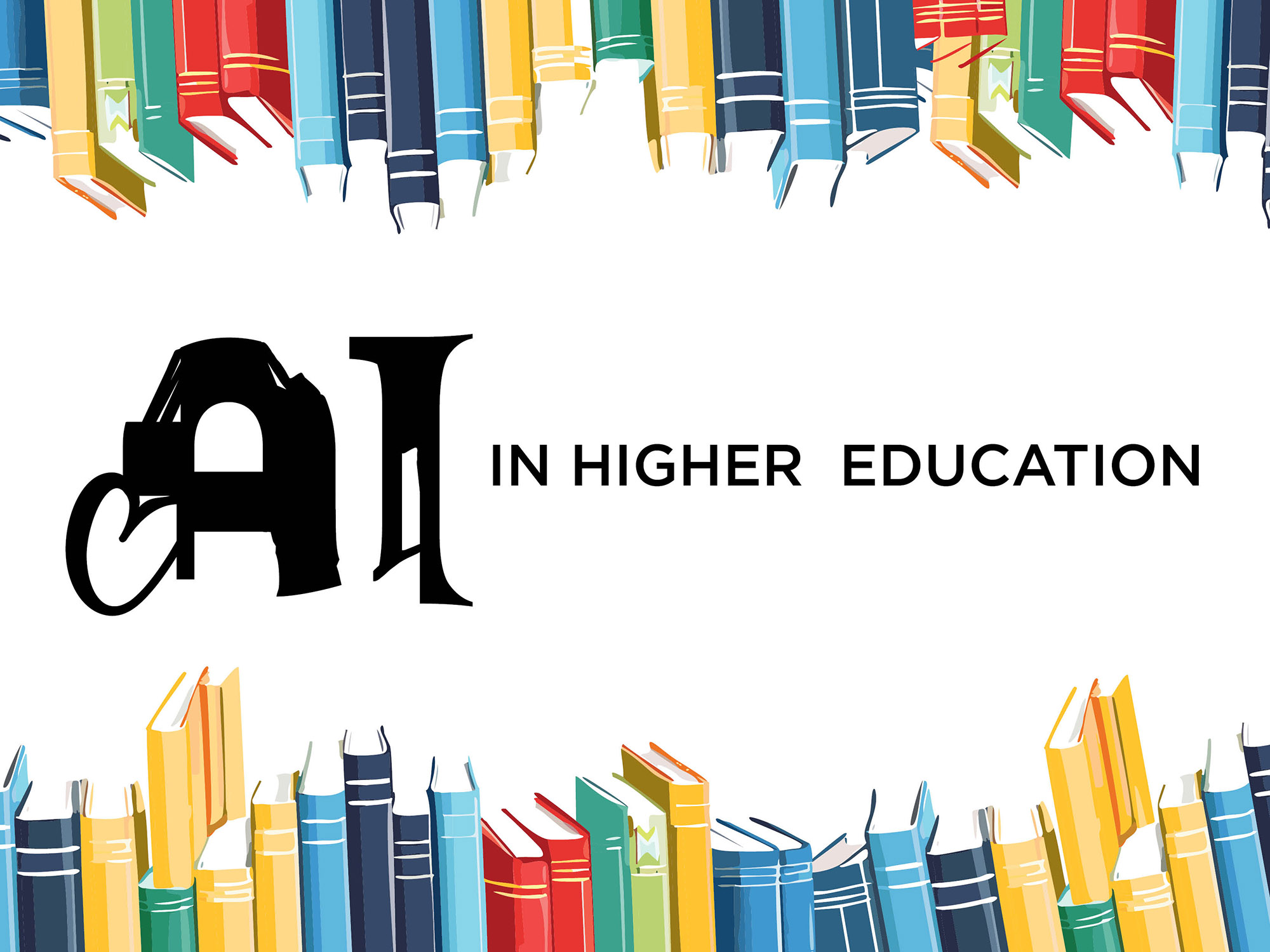 Title card for AI in Higher Education symposium, featuring the event's title surrounded by stylized illustrated books