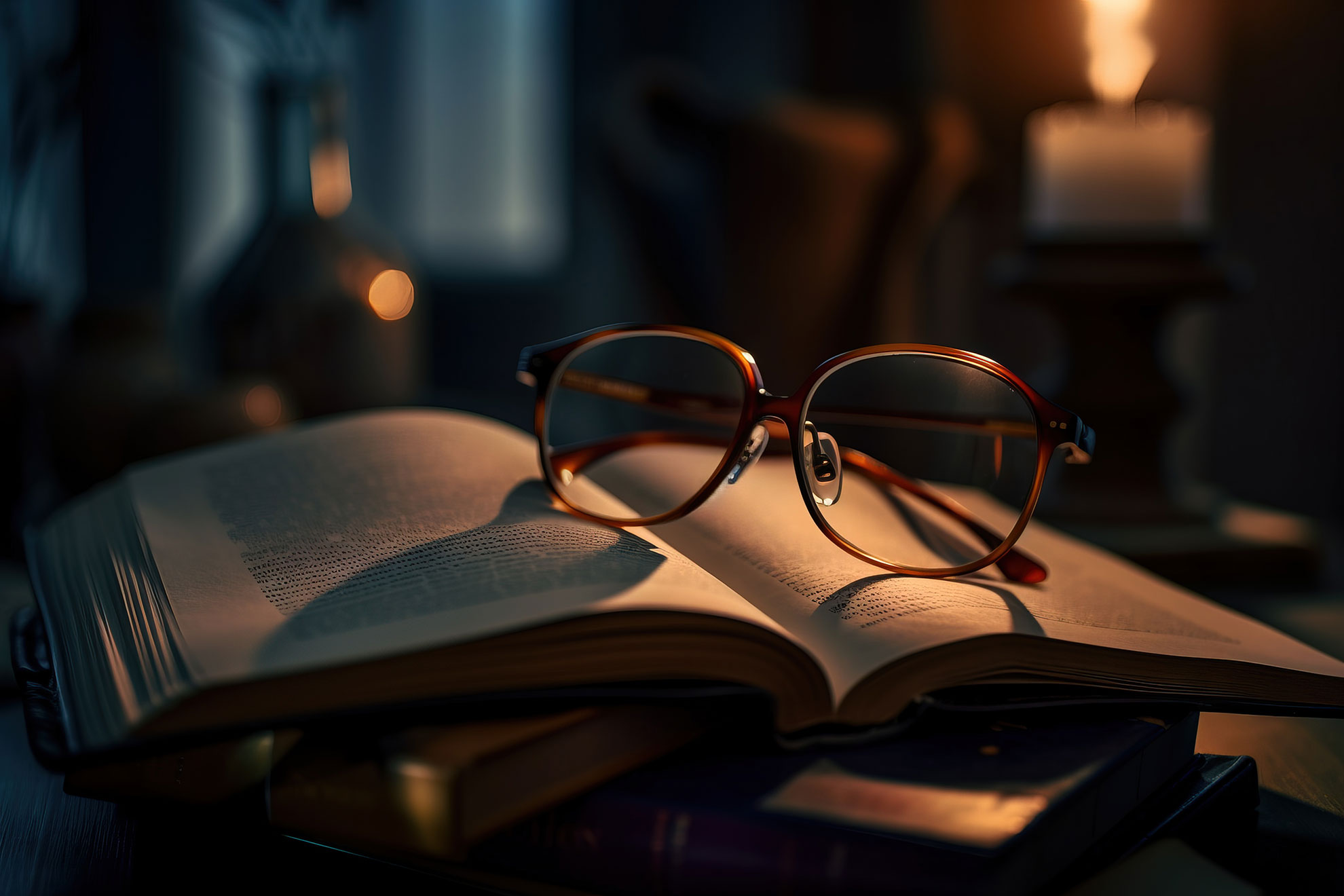 photo of glasses on top of stack of books on desk by candlight