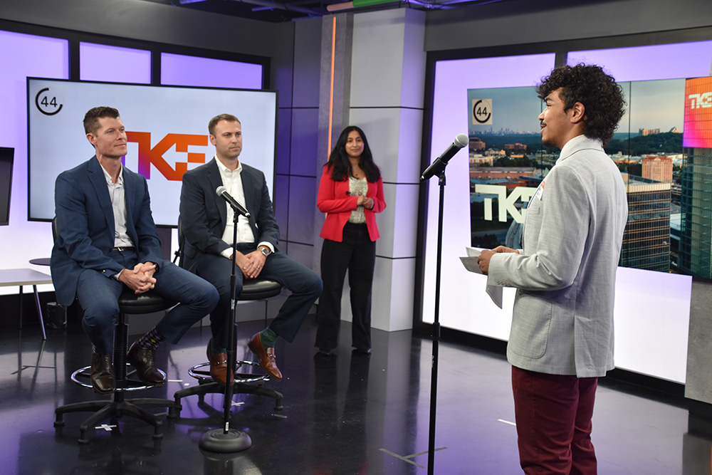 Entrepreneurship student Jacob Orr providing his winning pitch at the TK Elevator Pitch Competition