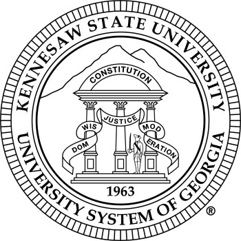 Seal of Kennesaw State University with mountain, columns, and a figure. Includes words like "Constitution," "Justice," "Wisdom," "Moderation," and "1963."