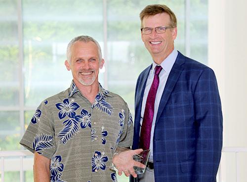  / Photo of 2016-2017 CSM Distinguished Professor Award recipient, Bill Ensign, Ph.D., Professor of Biology in the Department of Ecology, Evolution, and Organismal Biology (left) and Dr. Mark Anderson (right).