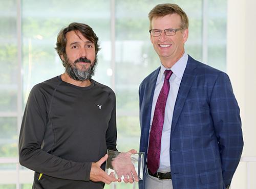  / Photo of 2016-2017 CSM Distinguished Scholarship Award recipient, Jared Taglialatela, Ph.D., Associate Professor of Biology in the Department of Ecology, Evolution, and Organismal Biology (left) and Dr. Mark Anderson (right).