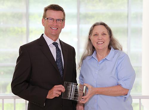  / Photo of Mark Anderson (left) and 2016-2017 CSM Distinguished Teaching Award recipient, Dale Lynn Vogelien, Ph.D., Interim Chair and Professor of Biology in the Department of Molecular and Cellular Biology (right).