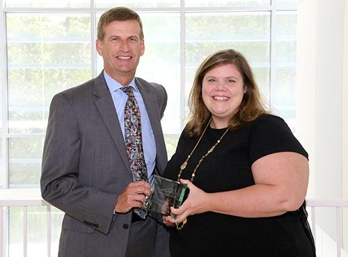  / Photo of Mark Anderson (left) and Distinguished Teaching Award recipient, Michelle Head, Ph.D. (right), Assistant Professor of Chemistry Education, Department of Chemistry and Biochemistry.