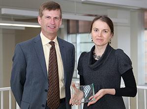  / Photo of Mark Anderson (left) and 2015-2016 CSM Distinguished Scholarship Award recipient, Yuliya Babenko, Ph.D., Associate Professor of Mathematics (right)