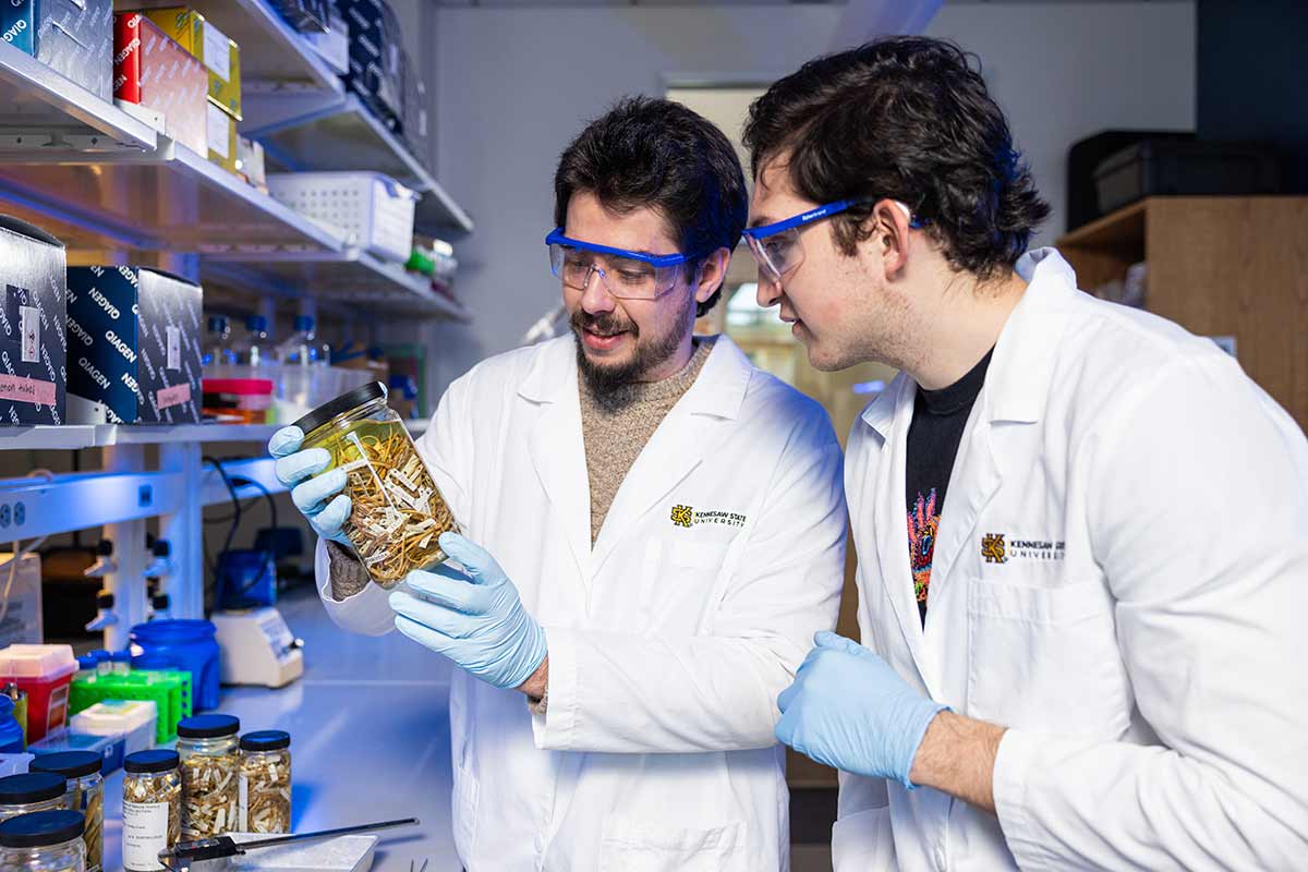 Faculty and student looking at research samples in a laboratory. / Faculty and student looking at research samples in a laboratory.