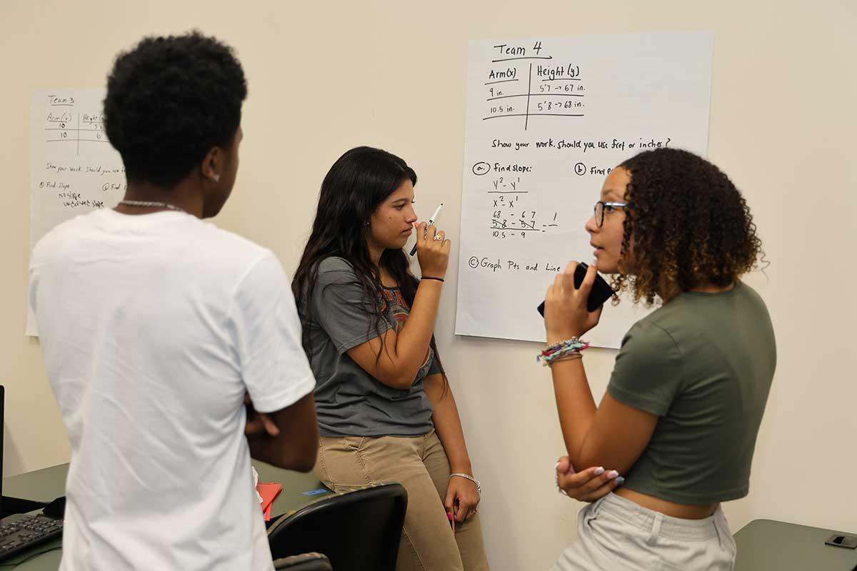CSM PRESS program students working together to solve a mathematics problem in a group activity. / CSM PRESS program students working together to solve a mathematics problem in a group activity.