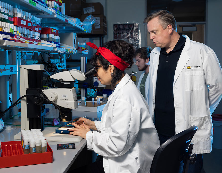 ksu student and faculty member using microscope in lab