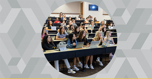 Decorative - Students sitting in a classroom with laptops in front of them