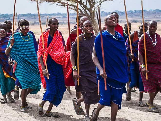 Group of people walking in Africa with sticks