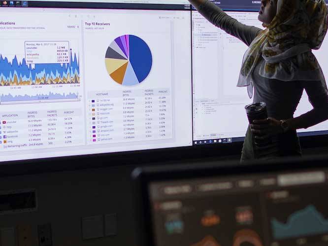 Woman standing infront of projectors pointing to graphs on screen